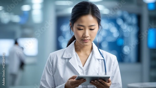doctor asian woman in white medical coat working on digital tablet, with blue medicine technology background