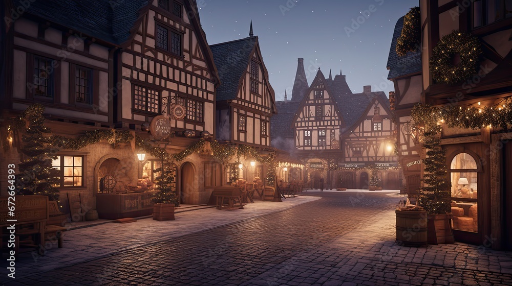 Christmas background traditional European village square, with cobblestone streets, half-timbered houses, and a bustling Christmas market with stalls, wreaths, and twinkling lights