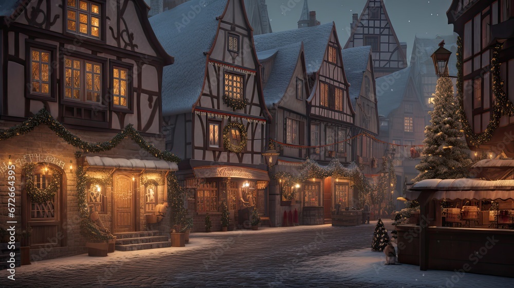 Fototapeta premium Christmas background traditional European village square, with cobblestone streets, half-timbered houses, and a bustling Christmas market with stalls, wreaths, and twinkling lights