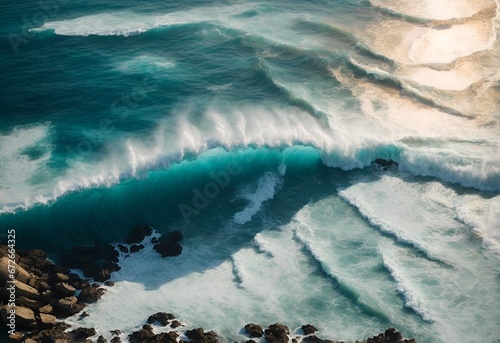 Overhead photo of crashing waves on the shoreline. Tropical beach surf. Abstract aerial ocean view.