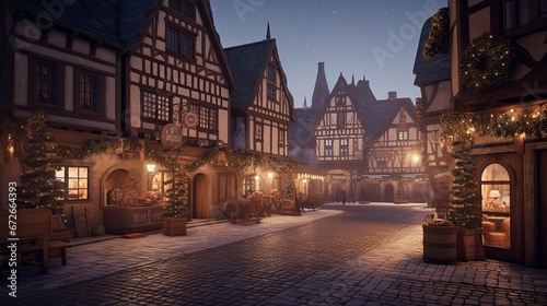 Christmas background traditional European village square, with cobblestone streets, half-timbered houses, and a bustling Christmas market with stalls, wreaths, and twinkling lights