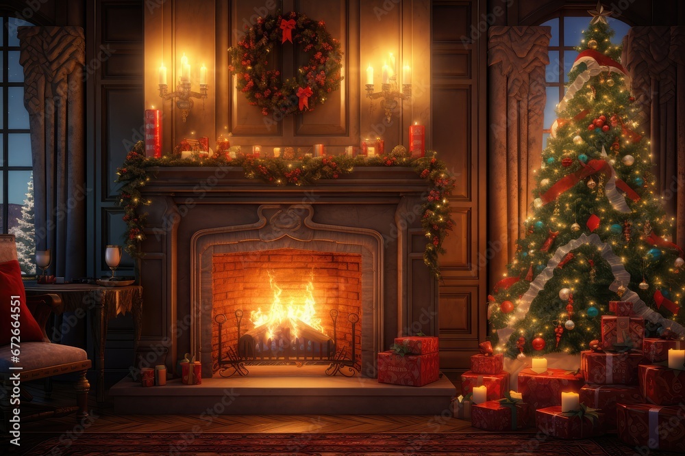 candlelit living room Christmas background with a grand Christmas tree, presents, and a crackling fireplace, complete with ornaments, tinsel, and a warm, inviting ambiance