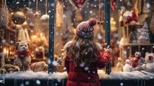 Long-haired child captivated by illuminated Christmas storefront. Magic of the holiday season.