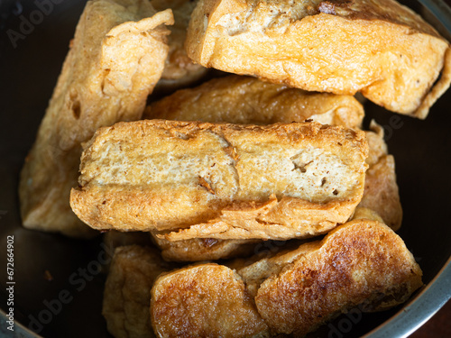 Photography golden fried block of firm tofu