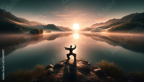 Serene Dawn by the Lake: Tai Chi Practice at Sunrise