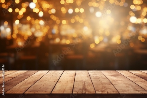 Artistic setup with an empty wooden table amidst a blurry golden bokeh of a restaurant. Perfect for showcasing products or designs. Spacious view. Generative AI