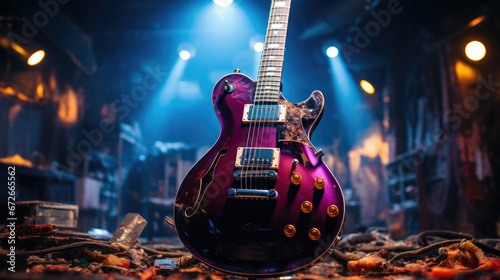 Close up of electric guitar on a stage during rock concert.