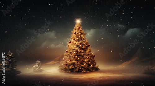 Zielone ciemne tło świąteczne na życzenia z ozdobioną choinką i z prezentami na Święta Bożego Narodzenia w zimowej scenerii
