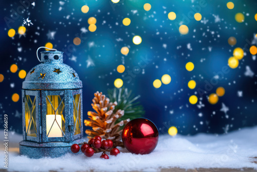 Festive Christmas Background with Ornate Decorations and New Year's Ball