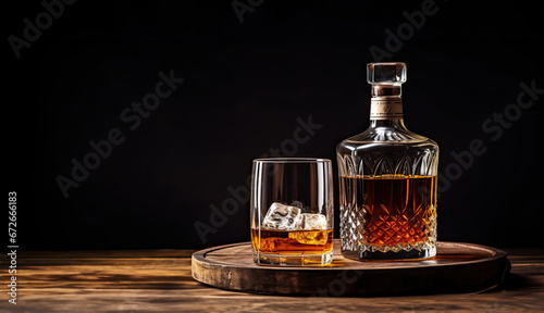 Wood barrel holds whiskey and glass. Black backcground photo