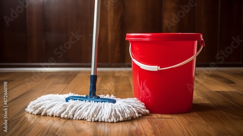 bucket and mop for cleaning the floor.