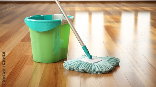 bucket and mop for cleaning the floor.