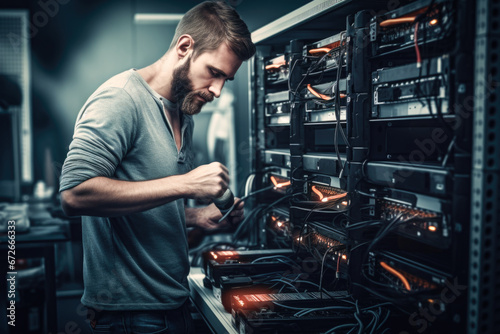 Male network specialist at work at server room doing network commissioning and cyber security check. Generative Ai