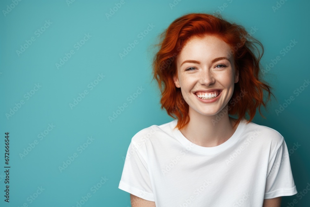 Cheerful portrait of a ginger woman on teal background 