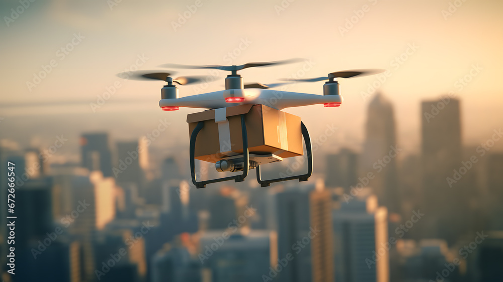 Delivery drone delivering package in the city Delivery drone delivering package in the city