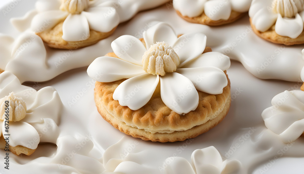 Closeup of Biscuit decorated with fresh cream flower isolated with white background.