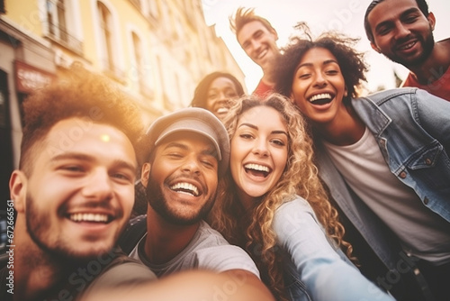 Portrait of Multi ethnic guys and girls taking selfie outdoors with backlight - Happy life style friendship concept on young multicultural people having fun day together