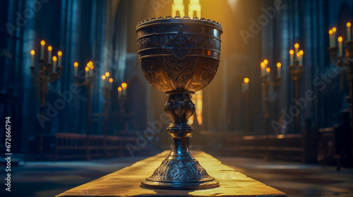 Holy grail chalice in a church. Relics and magic items concept. photo
