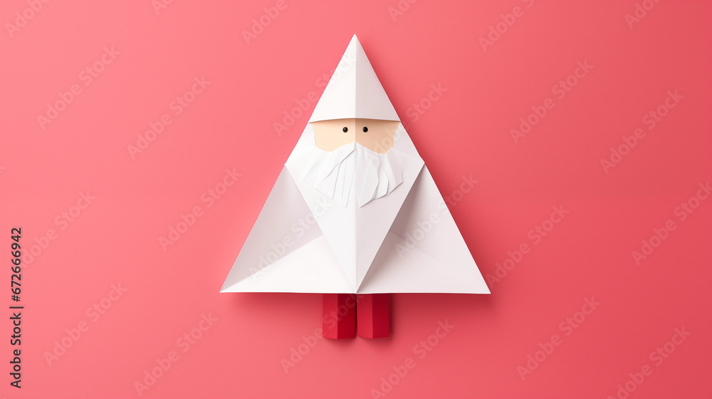 Ilustrowany Święty Mikołaj origami - mikołajki. Czerwone tło na baner lub życzenia świąteczne. - obrazy, fototapety, plakaty 