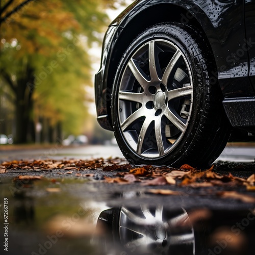 car wheel on wet asphalt.