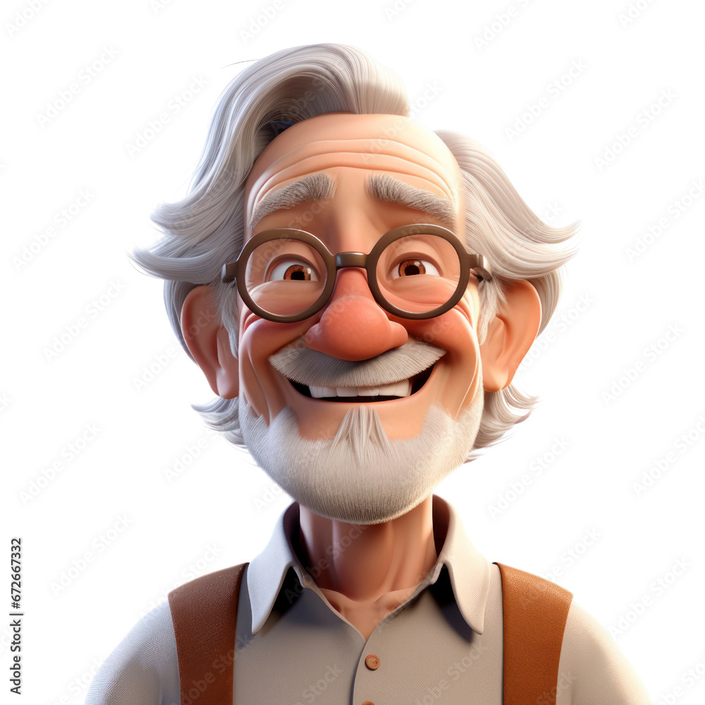 Western European elderly male avatar with receding gray hair and glasses on an isolated background. Cute PNG.