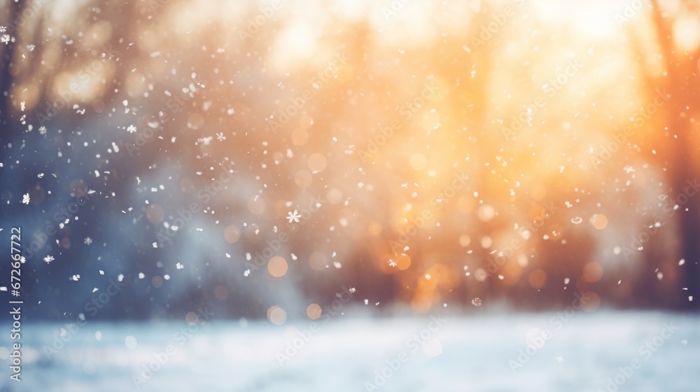 falling snow in the city blurred background.