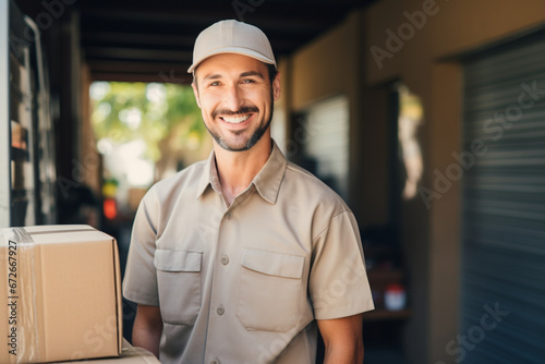 Portrait of Smiling delivery man in uniform holding cardboard box looking at camera
