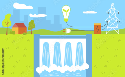 Hydro energetic. Alternative eco friendly green energy source. Electricity generation source types. Renewable power plants station resources. Landscape with dam power plant. Flat vector style.