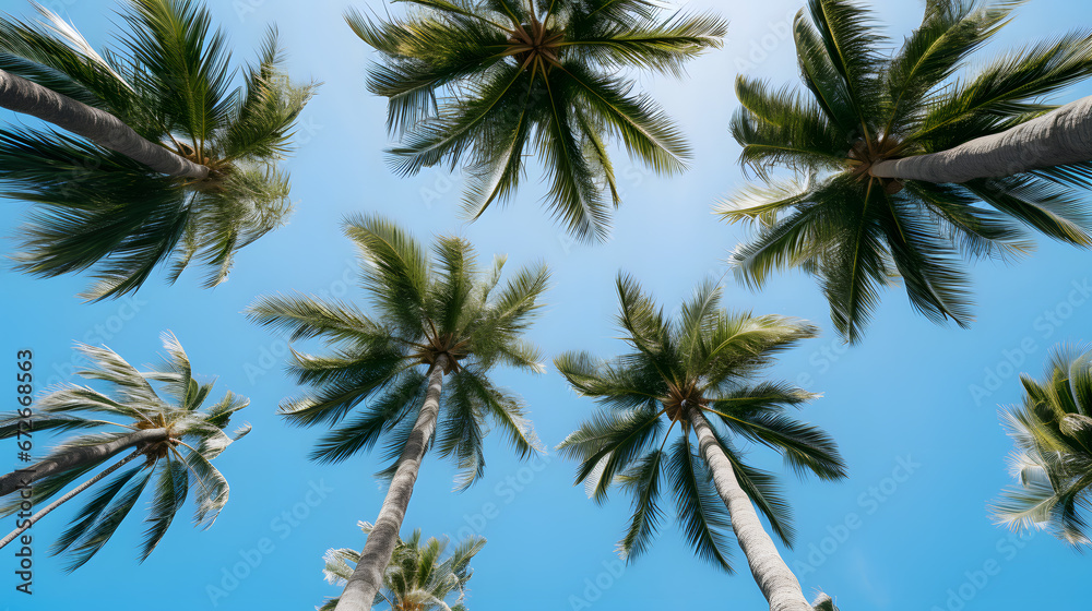 Low angle view of palm trees against blue sky during bright sunny day Low angle view of palm trees against blue sky during bright sunny day
