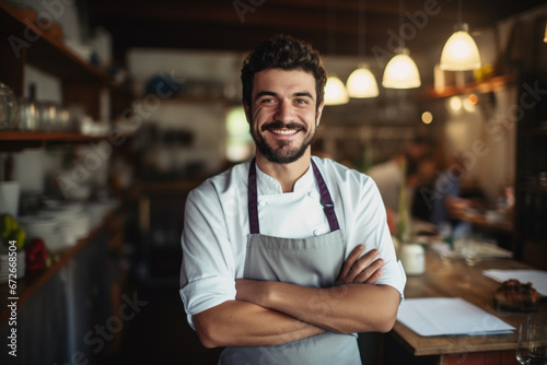 Portrait of smiling male chef in uniform standing on kitchen of restaurant