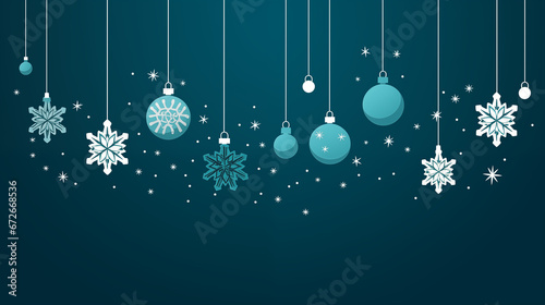 Świąteczne zimowe tło niebieskie. Ozdoby na Boże Narodzenie - bombki, gwiazdki, śnieżynki. Tapeta, baner na życzenia świąteczne, noworoczne