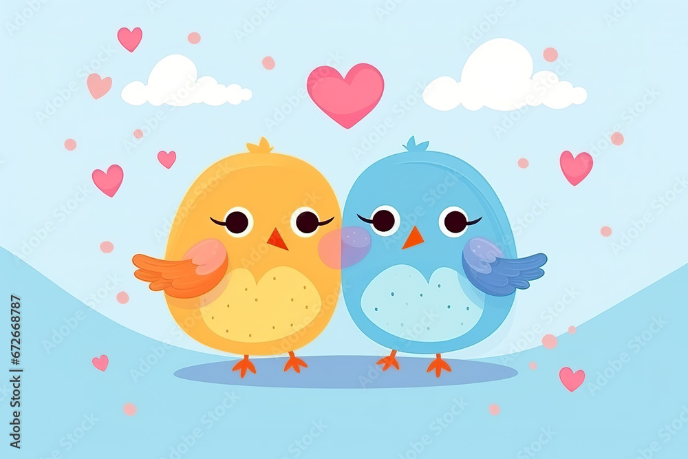Couple of cute birds on blue background. 