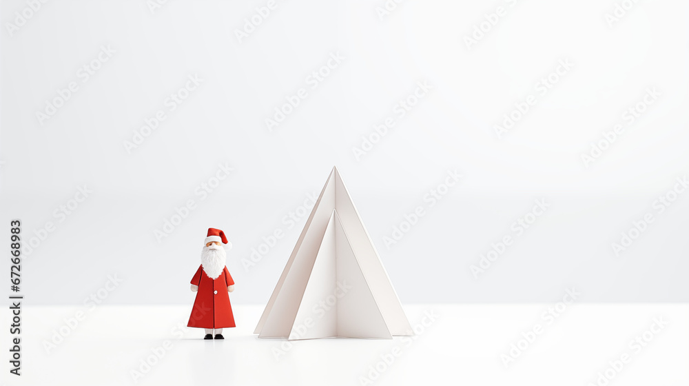 Ilustrowany Święty Mikołaj origami - mikołajki. Białe tło na baner lub życzenia świąteczne. - obrazy, fototapety, plakaty 