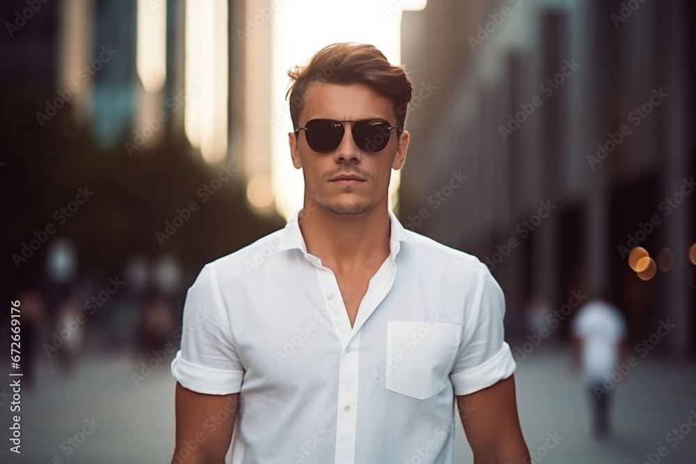 portrait of Stylish man wearing sunglasses and white shirt, City life