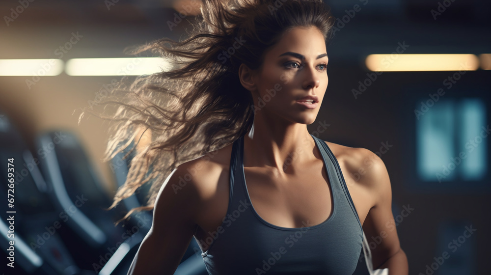 Focused Female Athlete Running on Treadmill