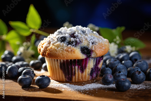 Sugar-Dusted Blueberry Muffin Among Fresh Berries