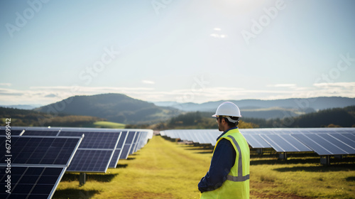 Back view professional worker standing among field with solar panels and writing on clipboard. Concept of green energy photo