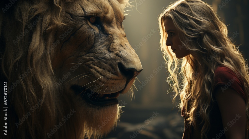 portrait of a lion and a girl