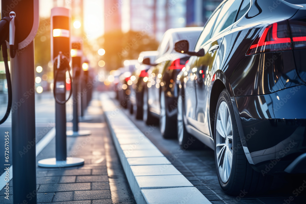 Row of Sleek Electric Cars at Charging Stations on Urban Street at Dusk Row of Sleek Electric Cars at Charging Stations on Urban Street at Dusk