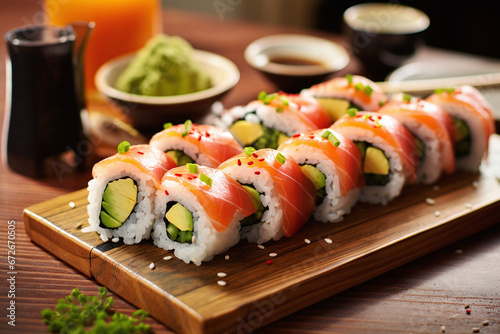 Exquisite Sushi Platter with Fresh Salmon, Avocado, and Seasoned Rice, Served with Wasabi and Soy Sauce