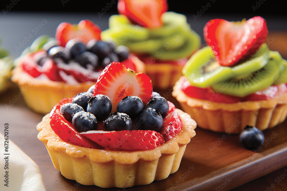 Assorted Mini Fruit Tarts with Fresh Strawberries, Blueberries, and Kiwi Slices on a Wooden Serving Tray Assorted Mini Fruit Tarts with Fresh Strawberries, Blueberries, and Kiwi Slices on a Wooden Serving Tray