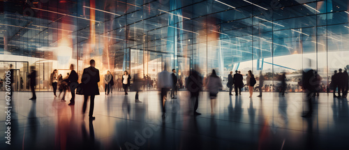 Wide blurred group of busy business people walking in a modern office banner. Crowd of business people walking in office fast moving with blurry business decks glass fronts