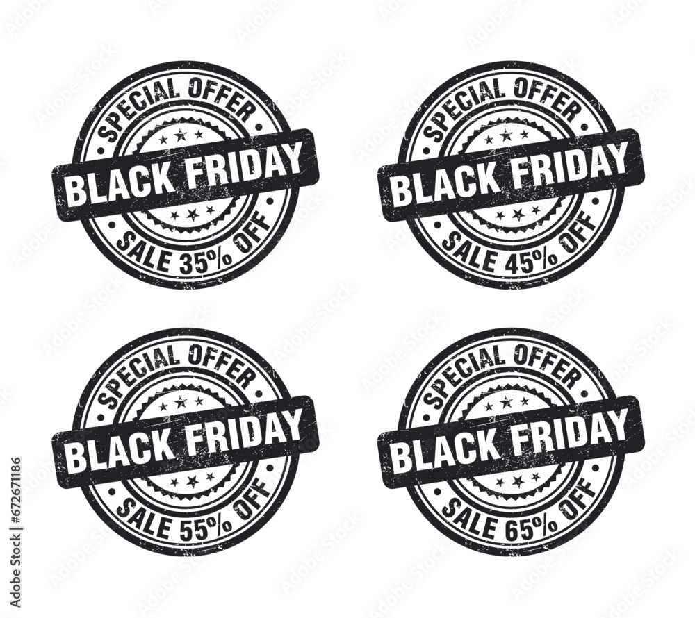 Black friday sale, black grunge stamp set. Sale 35, 45, 55, 65 percent off