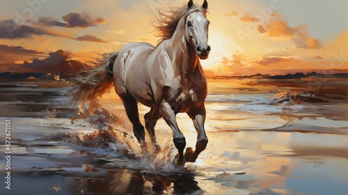 horse running in the sea water with sunset view