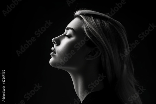 Portrait of young woman in profile close up, Black and white, Low key