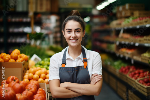 Portrait young woman worker seller in a Vegetable section supermarket standing in arms crossed, greengrocer female looking at camera in fruit shop market Employee in a work apron photo