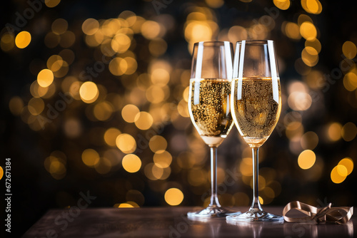 Sparkling Champagne in Flutes with Golden Bokeh Background Celebrating Special Occasion
