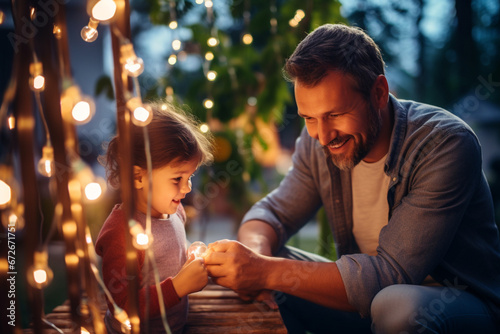 Proud Handsome Father Helping His Little Beautiful Daughter to Change a Lightbulb in Fairy Lights Backyard Installation at Home, Father and Daughter High Five and Celebrate Successful Fix