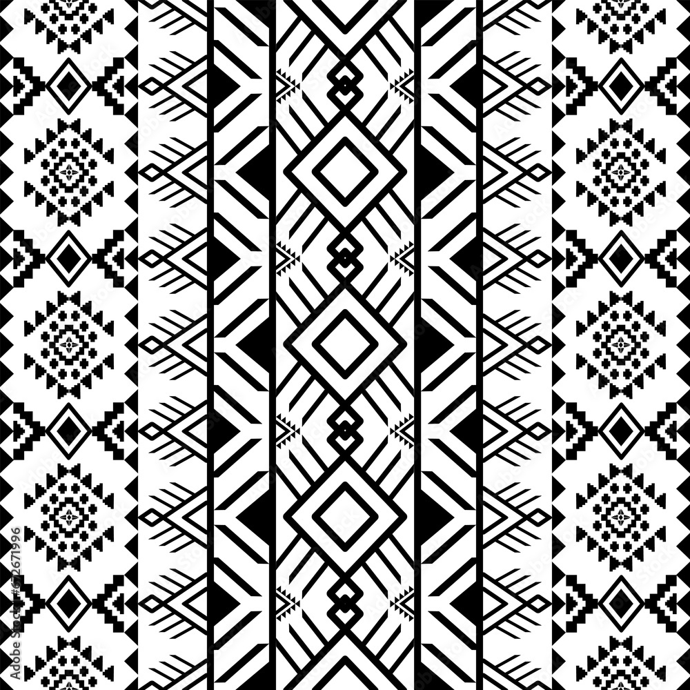 Ethnic southwest tribal Navajo ornamental seamless pattern fabric black and white design for textile printing - obrazy, fototapety, plakaty 