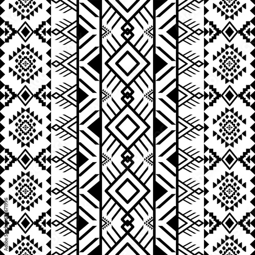 Ethnic southwest tribal Navajo ornamental seamless pattern fabric black and white design for textile printing